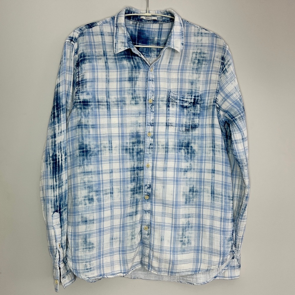 Lucky Brand Indigo Plaid Button-Up Shirt Gauze Cotton – White & Blue, L